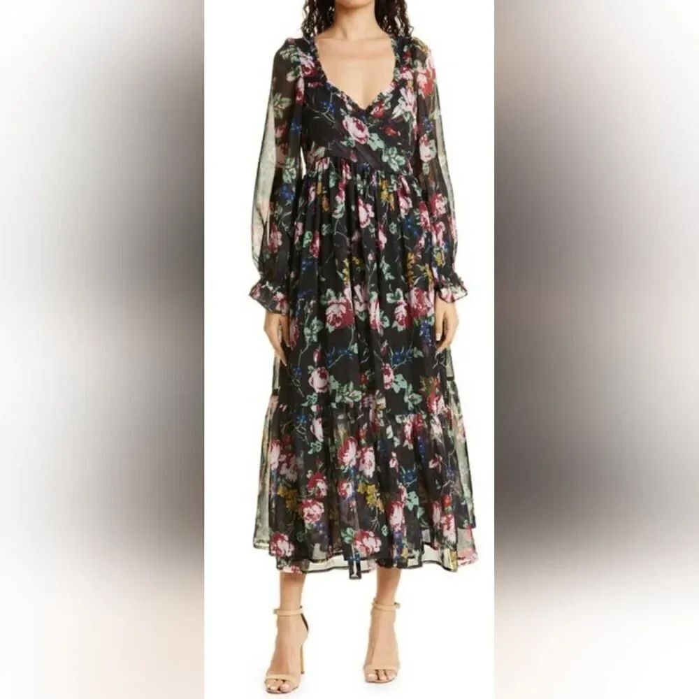 ByTIMO MULTI Floral Wrap Bodice Long Sleeve Chiffon DRESS in Rose field Size XS